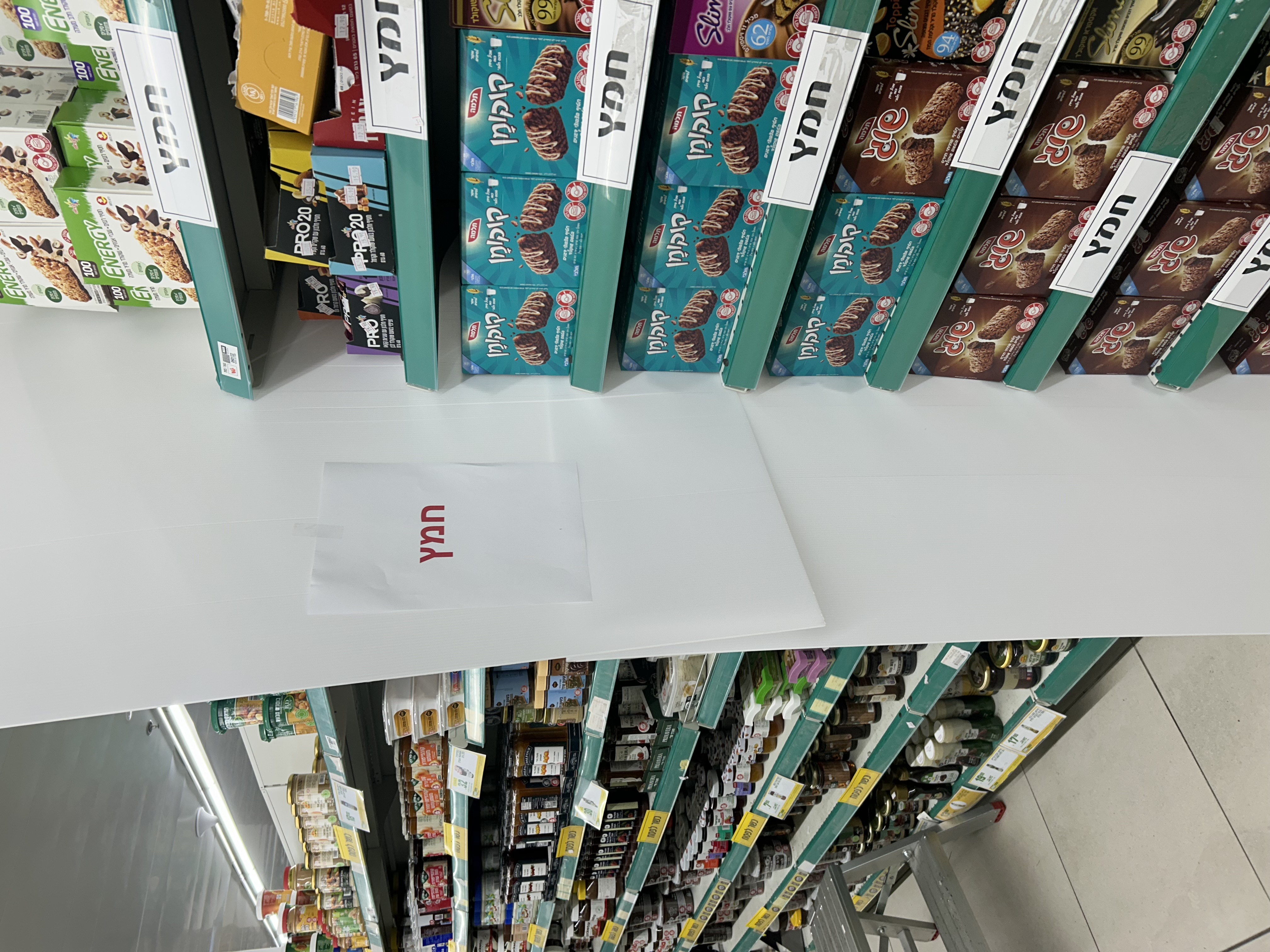 Supermarket changing over for Passover (signs and partitions between the leavened and unleavened products)
