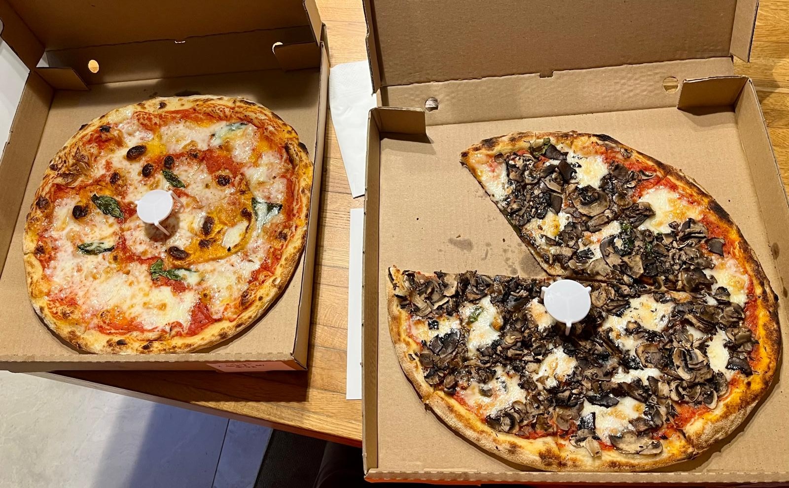 Margherita and mushroom pizzas, delivered from Pizza Flora