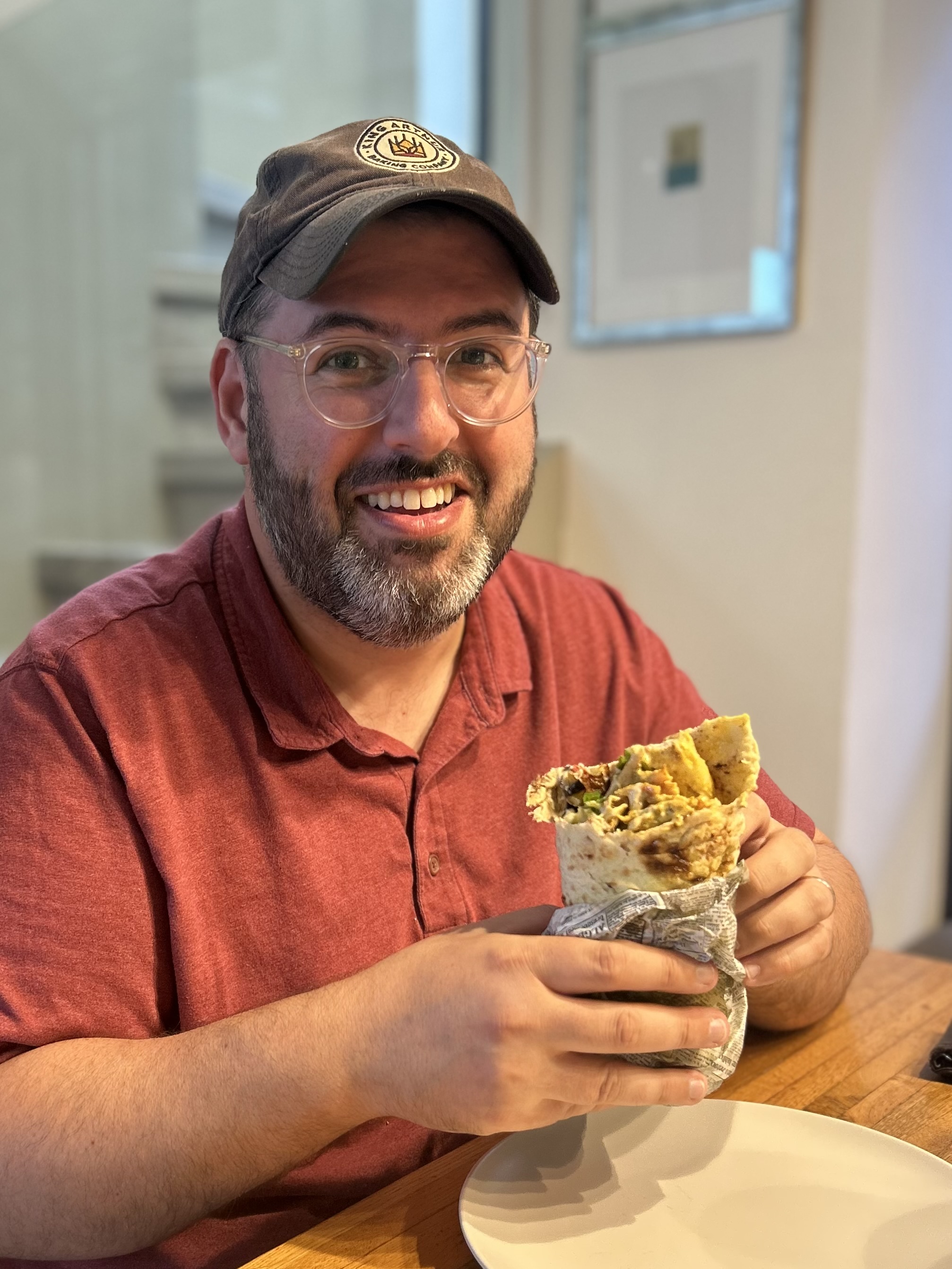 Trying the shawarma in laffa from Falafel Doron on Rachel Imenu St.