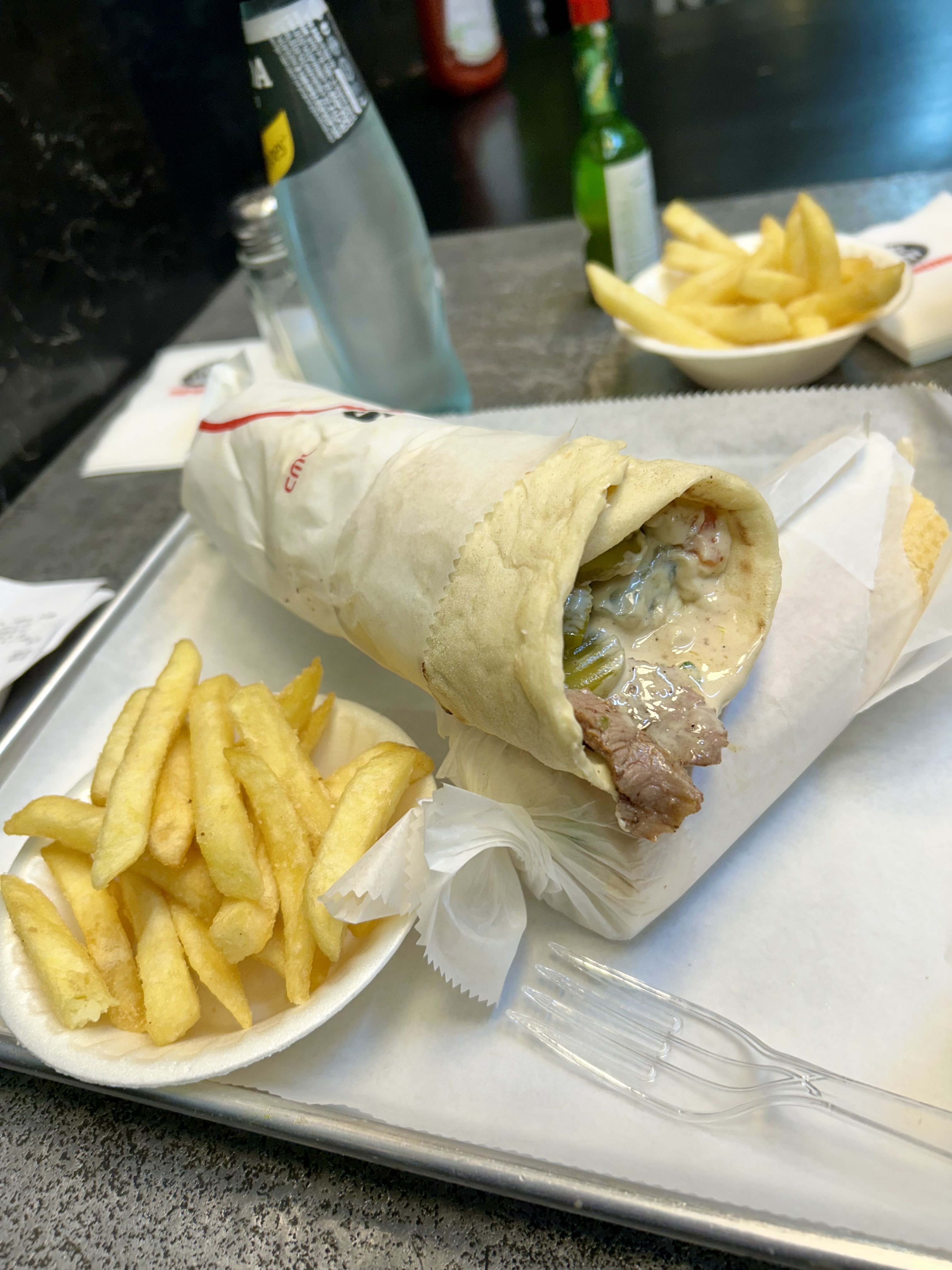 Trying our first shawarmas from Mana veHetzi on Ben Zakai